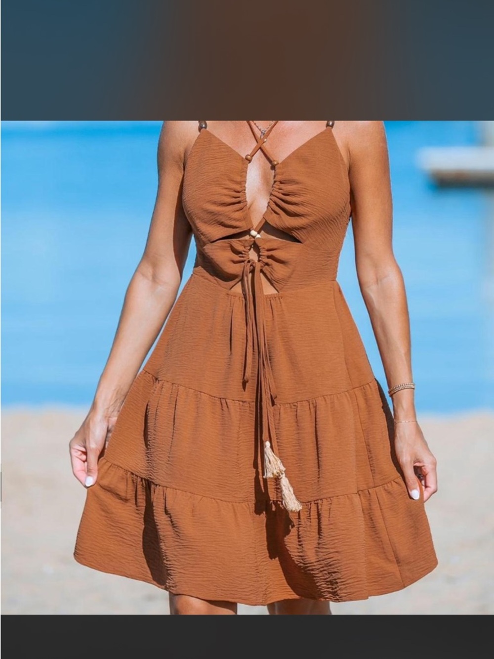 Cupshe Women's Brown Tie-Front Tiered Sundress